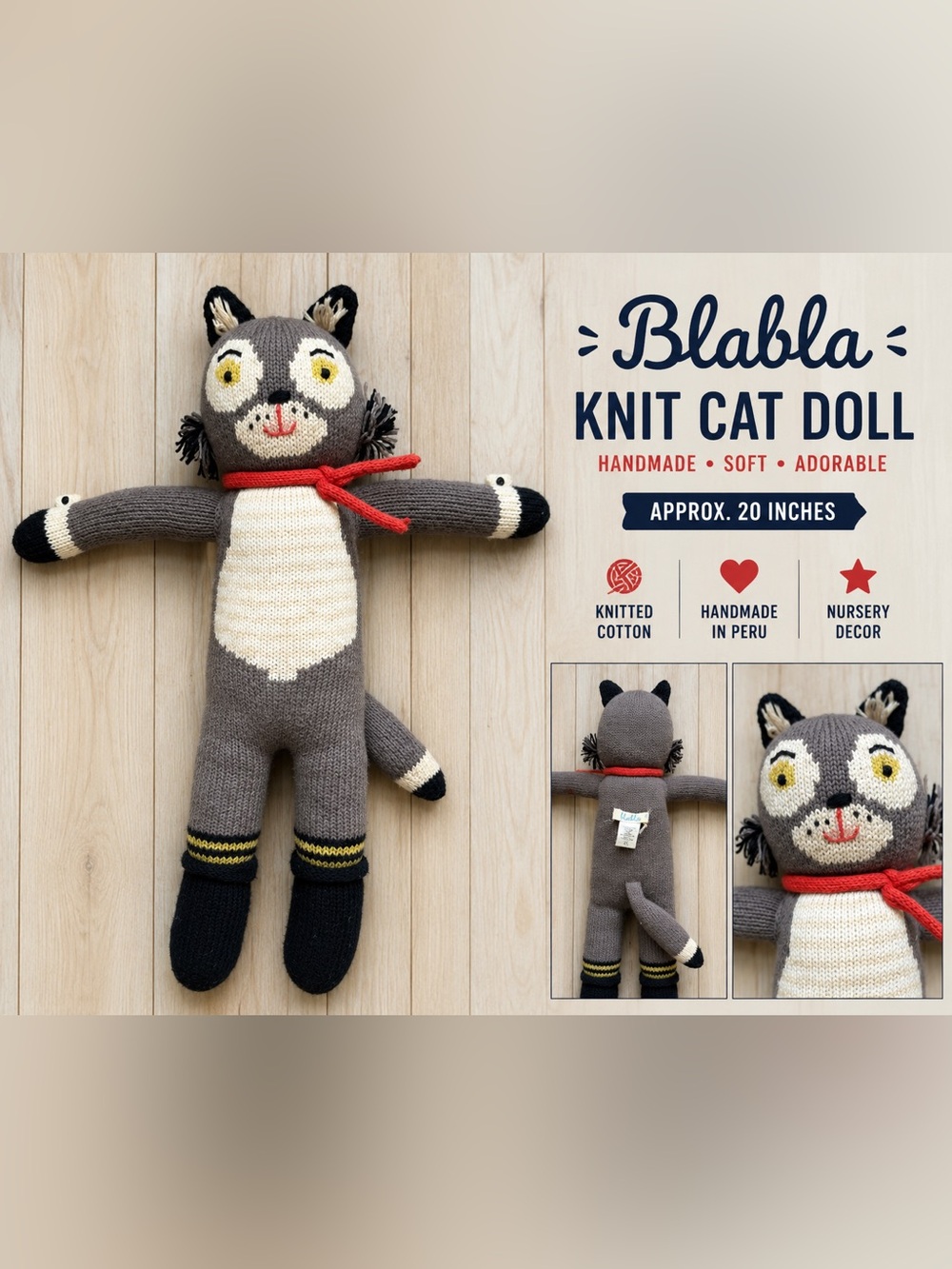 Blabla Knit Cat Doll Plush Handmade Stuffed Animal Gray Cream Red Scarf 20”